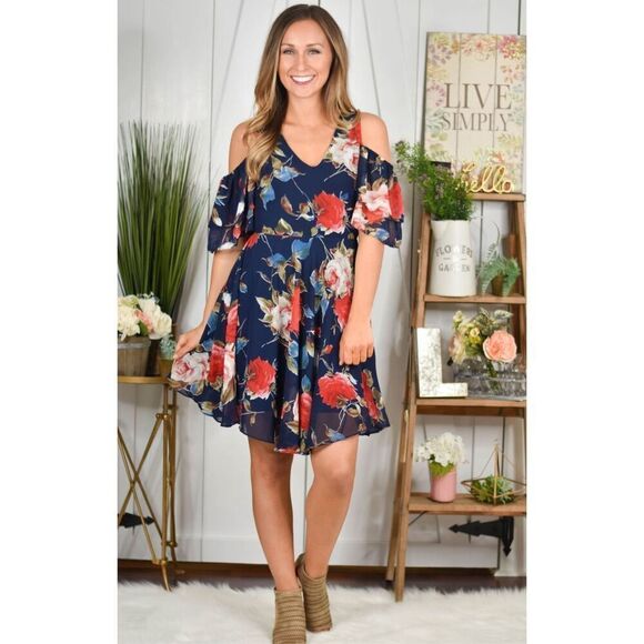NWOT Soieblu Flirty Blue Floral Cold Shoulder Backless Short Flowy Party Frock M - Picture 1 of 9